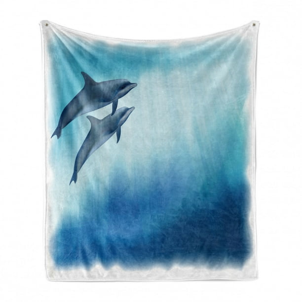 Flannel Fleece Blanket Full Size Blue Stripes Watercolor Dolphins Blanket,All-Season Plush Blanket for Couch Bed Travelling Camping Or Kids Adults 60X50 